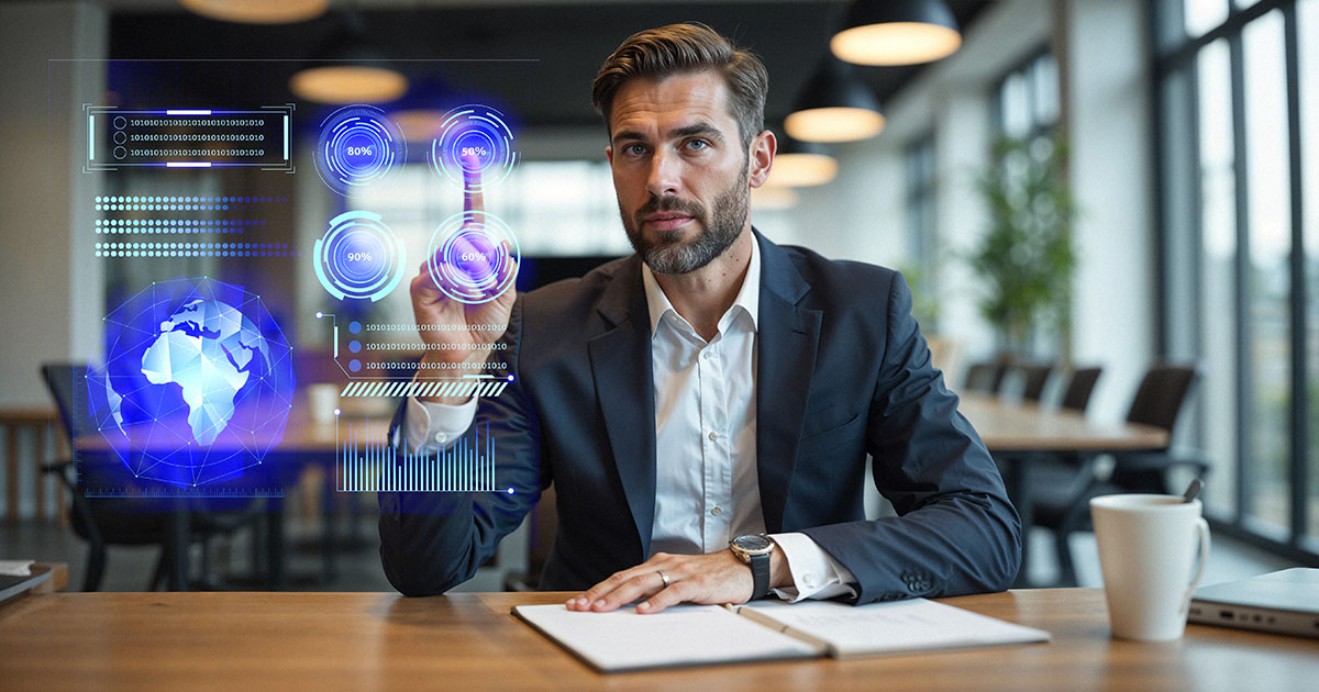 Online marketinges mesterséges intelligenciával dolgozik Öltönyös online marketinges egy irodában, előtte lebegő mesterséges intelligencia kezelőfelület grafikonokkal, analitikai elemzéssel.